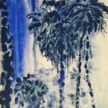 Ζωγραφική με τίτλο "Indigo Blues 2" από Flo.Lysine, Αυθεντικά έργα τέχνης, Χρωστικές ουσίες Τοποθετήθηκε στο Ξύλινο φορείο σ…