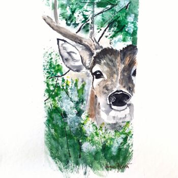 Painting titled "Cerf dans les feuil…" by Florence Mignot, Original Artwork, Watercolor
