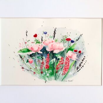 Pintura intitulada "Roses et végétaux" por Florence Mignot, Obras de arte originais, Aquarela