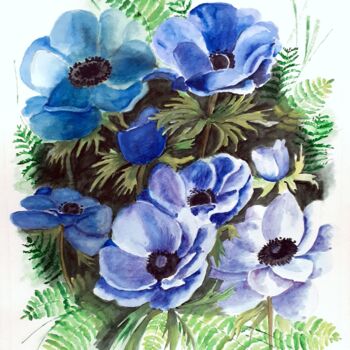 Painting titled "Anémones bleues" by Florence Mignot, Original Artwork, Watercolor