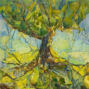 Painting titled "Sous mon arbre 2" by Florence Faure, Original Artwork, Oil Mounted on Wood Stretcher frame