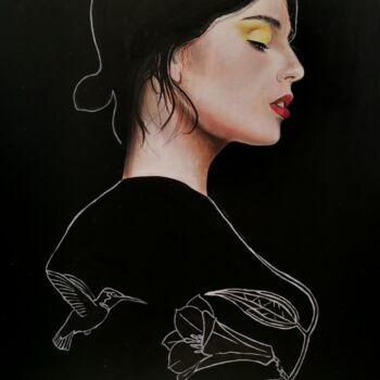 Schilderij getiteld "Femme au colibri" door Flore Betty, Origineel Kunstwerk, Acryl