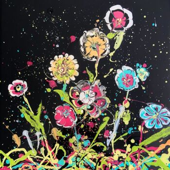 Painting titled "POP FLOWERS" by Florence Autelin, Original Artwork, Acrylic Mounted on Wood Stretcher frame