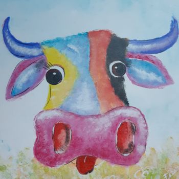 Painting titled "vache coloré" by Florence De Jonghe, Original Artwork, Acrylic Mounted on Wood Stretcher frame