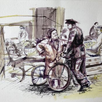 Painting titled "Le marché" by Florence Gillot, Original Artwork, Ink