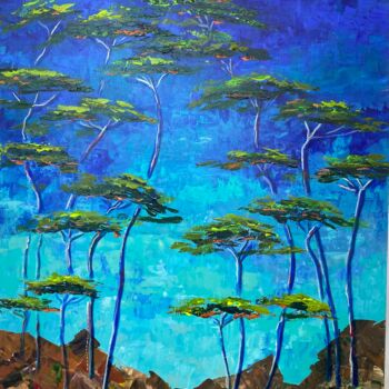 Painting titled "Les Pins Ensoleillés" by Florence Maraine Bertrand, Original Artwork, Acrylic Mounted on Wood Stretcher fra…