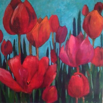 Pintura titulada "Tulipes" por Florence Oulhiou, Obra de arte original, Acrílico Montado en Bastidor de camilla de madera