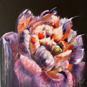 Painting titled "Pivoine" by Florence Yangui, Original Artwork, Oil