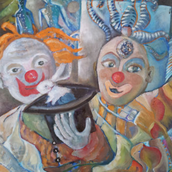 「Le clown magicien」というタイトルの絵画 Florence Diotによって, オリジナルのアートワーク, オイル ウッドストレッチャーフレームにマウント