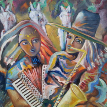 Painting titled "Musiciens" by Florence Diot, Original Artwork, Oil Mounted on Wood Stretcher frame