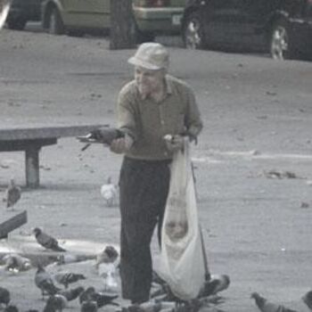 Photographie intitulée "L'homme aux pigeons…" par Florent Dorer, Œuvre d'art originale