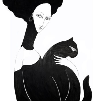 Dessin intitulée "Dame au chat" par Florette F, Œuvre d'art originale, Encre