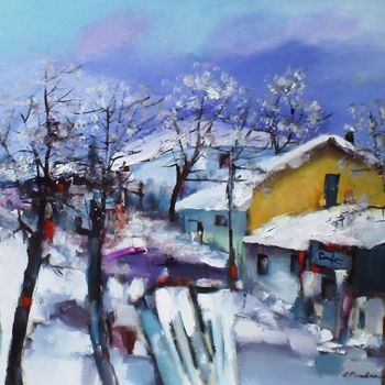 Painting titled "Winter on my street" by Florin Prodan, Original Artwork, Oil