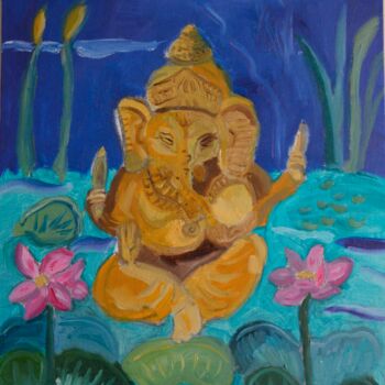 Painting titled "Ganesh nocturne" by Florence Maindrault, Original Artwork, Oil Mounted on Cardboard