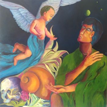 Painting titled "Prière à l'ange gar…" by Franck Tirel, Original Artwork, Oil