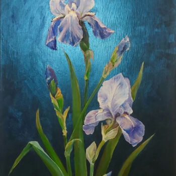 Painting titled "Night Iris" by Folia Menthae, Original Artwork, Oil Mounted on Wood Stretcher frame