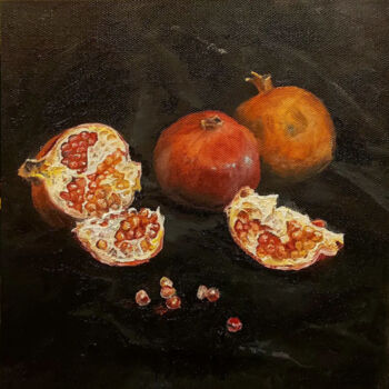 Pintura intitulada "Three pomegranates" por Folia Menthae, Obras de arte originais, Óleo Montado em Armação em madeira