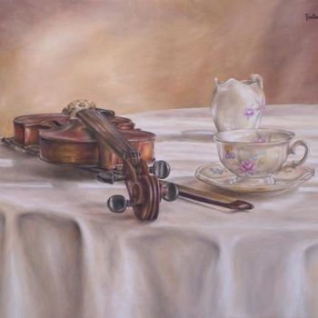 Painting titled "A violin and tea" by Attila Fontányi, Original Artwork, Oil