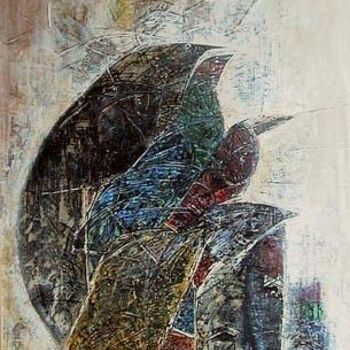Schilderij getiteld "Masks and birds" door Michel Maréchal, Origineel Kunstwerk