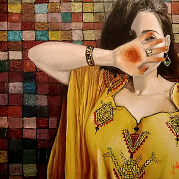 Malerei mit dem Titel "La fille à la robe…" von Fouad Yahiaoui, Original-Kunstwerk, Öl Auf Keilrahmen aus Holz montiert