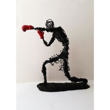Sculpture intitulée "Le Boxeur" par Fourat Jomni, Œuvre d'art originale, Fil de fer