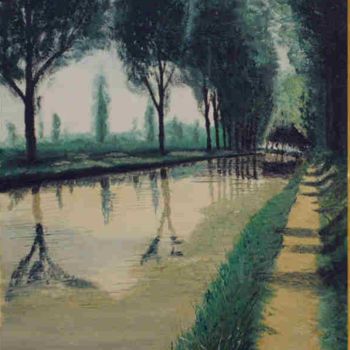 Painting titled "canal de l'Ourcq été" by Frederic Pastor, Original Artwork, Oil