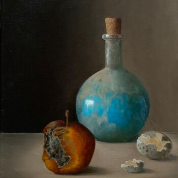 Painting titled "Une fiole une pomme…" by France Mondello, Original Artwork, Oil