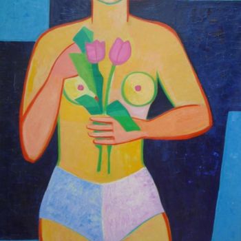 Painting titled "Lucie aux tulipes" by France Wagner, Original Artwork