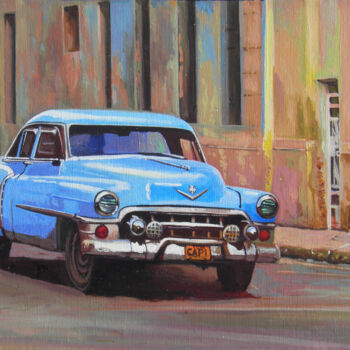 Malerei mit dem Titel "Cuban car azzurra" von Francesco Capello, Original-Kunstwerk, Öl Auf Holzplatte montiert