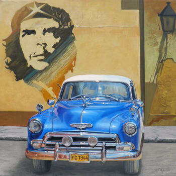 Ζωγραφική με τίτλο "Cuban car blu" από Francesco Capello, Αυθεντικά έργα τέχνης, Λάδι Τοποθετήθηκε στο Ξύλινο φορείο σκελετό
