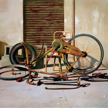 Painting titled "DAL CICLISTA" by Francesco Capello, Original Artwork, Oil Mounted on Wood Stretcher frame
