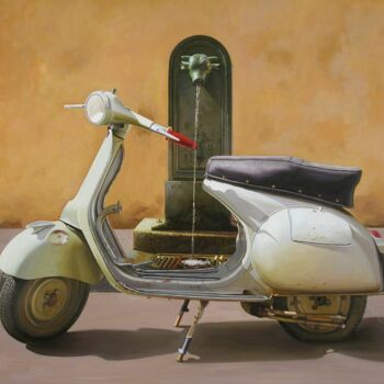 Painting titled "VESPA CON TORETTO" by Francesco Capello, Original Artwork, Oil Mounted on Wood Stretcher frame