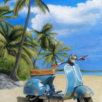 Painting titled "VESPA IN SPIAGGIA" by Francesco Capello, Original Artwork, Oil Mounted on Cardboard