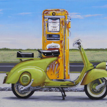 Painting titled "VESPA VERDE CON GAS…" by Francesco Capello, Original Artwork, Oil Mounted on Other rigid panel