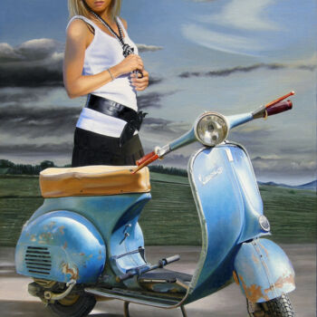 Painting titled "Scampagnata in vespa" by Francesco Capello, Original Artwork, Oil Mounted on Wood Stretcher frame