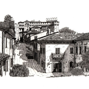 Desenho intitulada "French village" por Francesco Marinelli, Obras de arte originais, Tinta