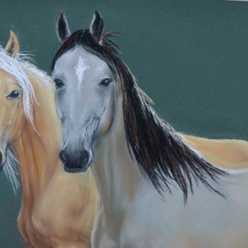 Dessin intitulée "2 chevaux en Lozère" par Francette Guittard, Œuvre d'art originale, Pastel