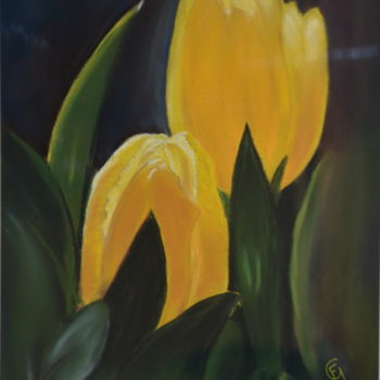 Disegno intitolato "Tulipes jaunes" da Francette Guittard, Opera d'arte originale, Pastello