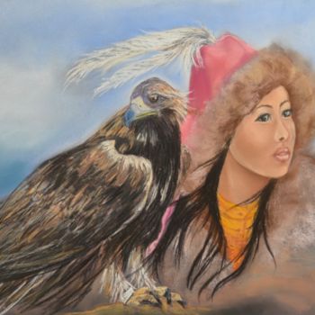 Dibujo titulada "L'aigle et la Belle" por Francette Guittard, Obra de arte original, Pastel