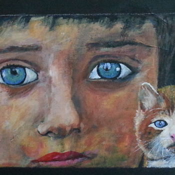 Pintura titulada "Enfant au chat" por Papiki, Obra de arte original, Acrílico