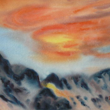 Painting titled "Paysage lunaire" by Franye, Original Artwork, Watercolor