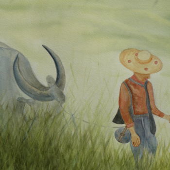 Painting titled "Le buffle" by Franye, Original Artwork, Watercolor