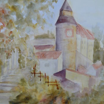 Painting titled "La Tour de l'Horloge" by Franye, Original Artwork, Watercolor