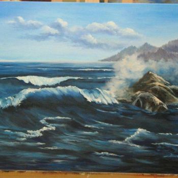 Painting titled "Vagues et rocher" by Francine Georget, Original Artwork