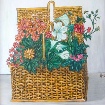 Painting titled "Le panier en osier" by Huertas, Original Artwork, Oil