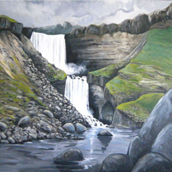 Painting titled "Cascade en Islande" by Francis Macard, Original Artwork, Acrylic