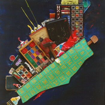 Painting titled "Nuit blanche" by Francis Puivif, Original Artwork, Collages Mounted on Wood Stretcher frame