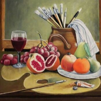 Painting titled "bodegon" by Francisco F, Original Artwork, Oil Mounted on Wood Stretcher frame