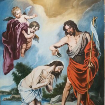 Painting titled "Bautismo de Jesús" by Francisco F, Original Artwork, Oil Mounted on Wood Stretcher frame
