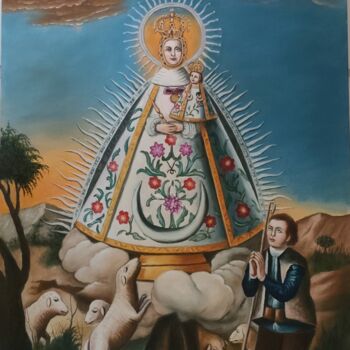 Painting titled "Virgen de Cortes" by Francisco F, Original Artwork, Oil Mounted on Wood Stretcher frame